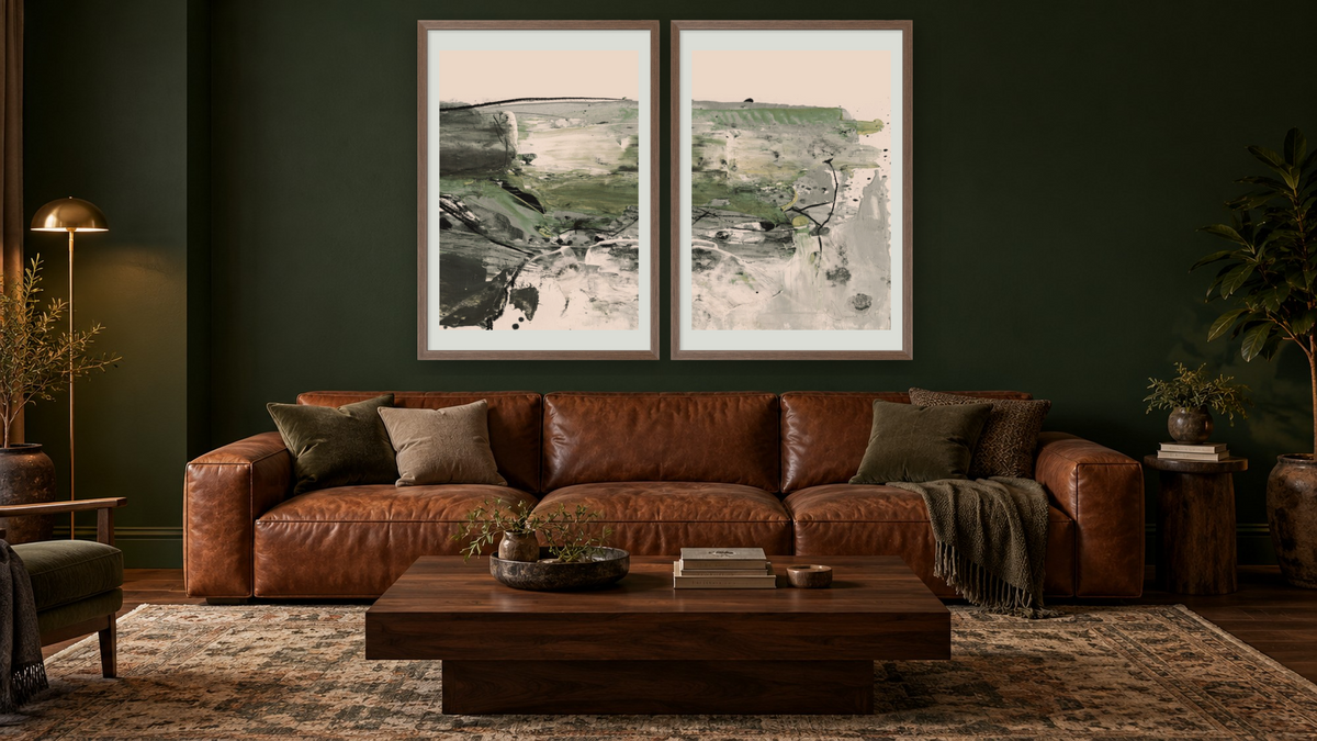Diptych — Behold 1 × Behold 2, shown at 28 × 42 in (71.1 × 106.7 cm) in Arber Light Walnut, den