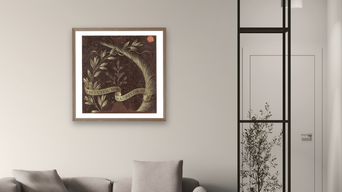 Wreath of Laurel, Palm, and Juniper with a Scroll inscribed Virtutem Forum Decorat [reverse] by Leonardo da Vinci, shown at 32 × 32 in (81.3 × 81.3 cm) in Arber Light Walnut, living