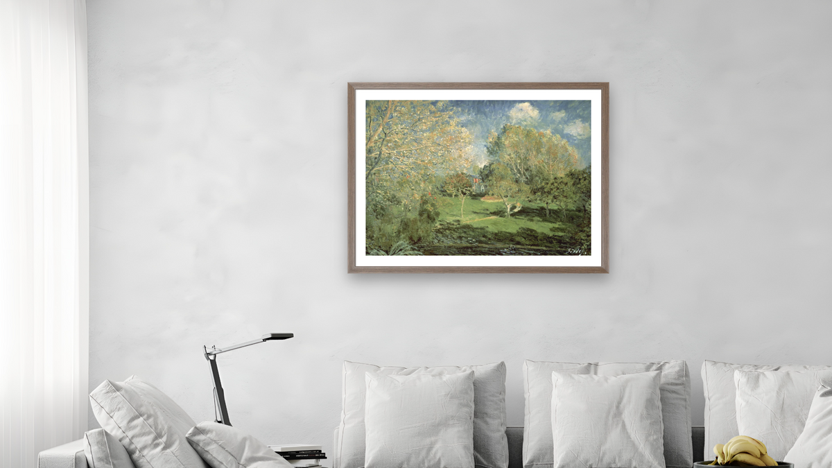 The Garden of Hoschede Family by Alfred Sisley, shown at 30 × 40 in (76.2 × 101.6 cm) in Arber Light Walnut, living