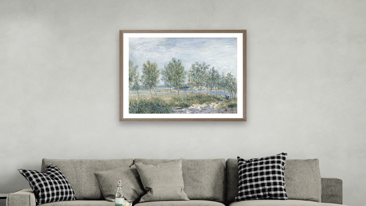 Poplars on a River Bank by Alfred Sisley, shown at 32 × 40 in (81.3 × 101.6 cm) in Arber Light Walnut, living