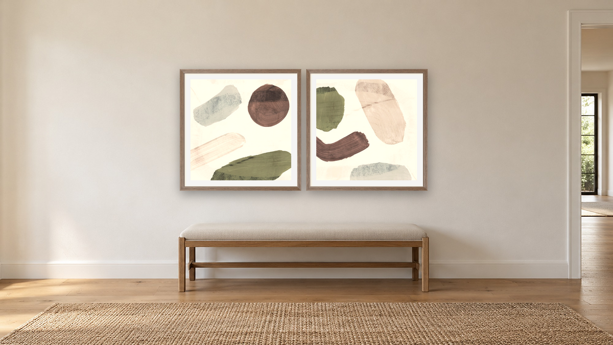 Diptych — Days 1 × Days 2, shown at 32 × 32 in (81.3 × 81.3 cm) in Arber Light Walnut, hallway