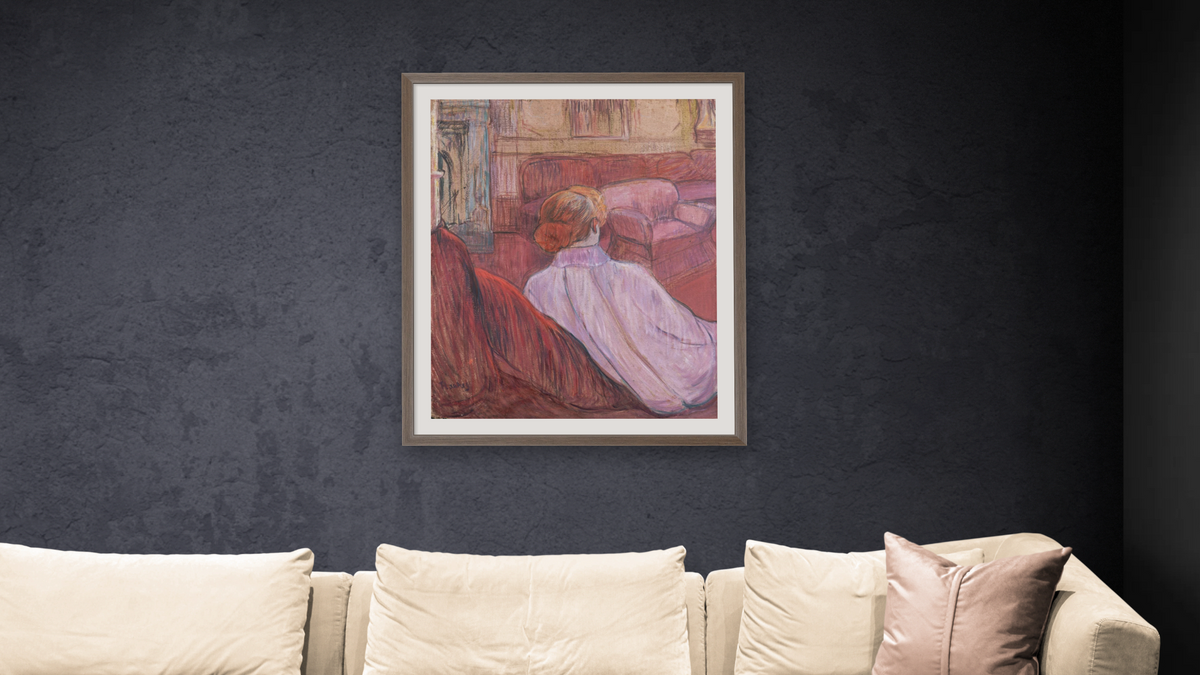 Woman Sat on a Red Settee by Henri de Toulouse-Lautrec, shown at 32 × 40 in (81.3 × 101.6 cm) in Arber Light Walnut, living