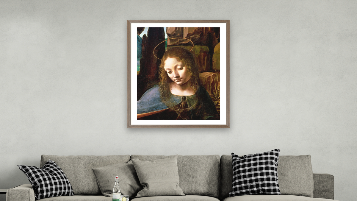 Detail of the Head of the Virgin, from The Virgin of the Rocks (The Virgin with the Infant Saint John adoring the Infant Christ accompanied by an Angel) by Leonardo da Vinci, shown at 32 × 40 in (81.3 × 101.6 cm) in Arber Light Walnut, living