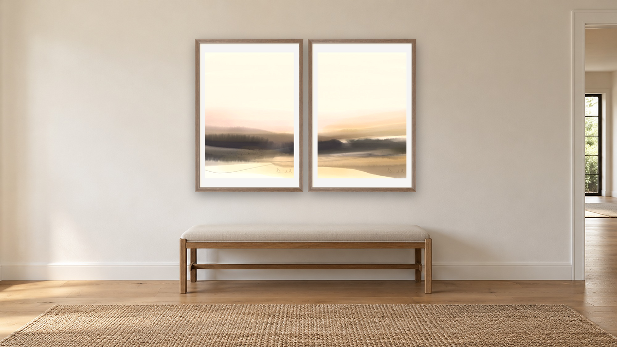 Diptych — Forest View 1 × Forest View 2, shown at 28 × 42 in (71.1 × 106.7 cm) in Arber Light Walnut, hallway