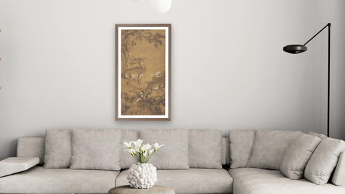 A Birthday Painting, Qing Dynasty (1644-1911) by Shen Nanpin, shown at 20 × 40 in (50.8 × 101.6 cm) in Arber Light Walnut, living [arteriel-render:v6:room_b:20x40@42,37]