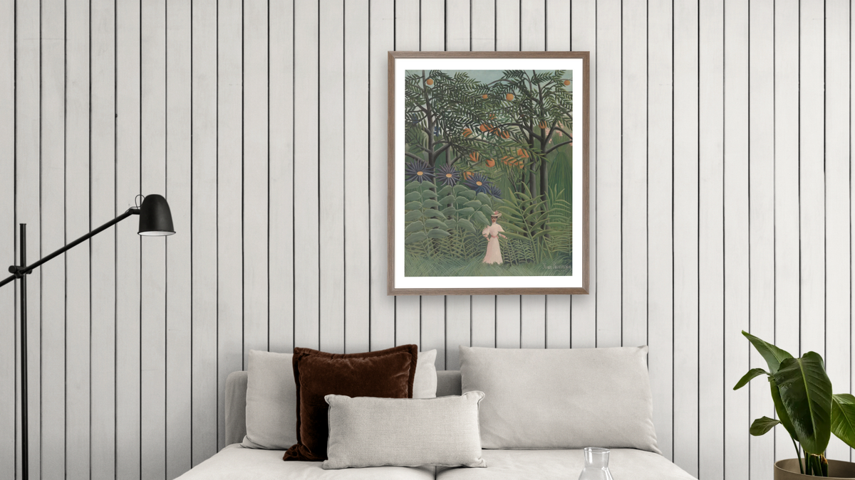 Woman Walking in an Exotic Forest (Femme se promenant dans une forêt exotique) by Henri Rousseau, shown at 32 × 40 in (81.3 × 101.6 cm) in Arber Light Walnut, living
