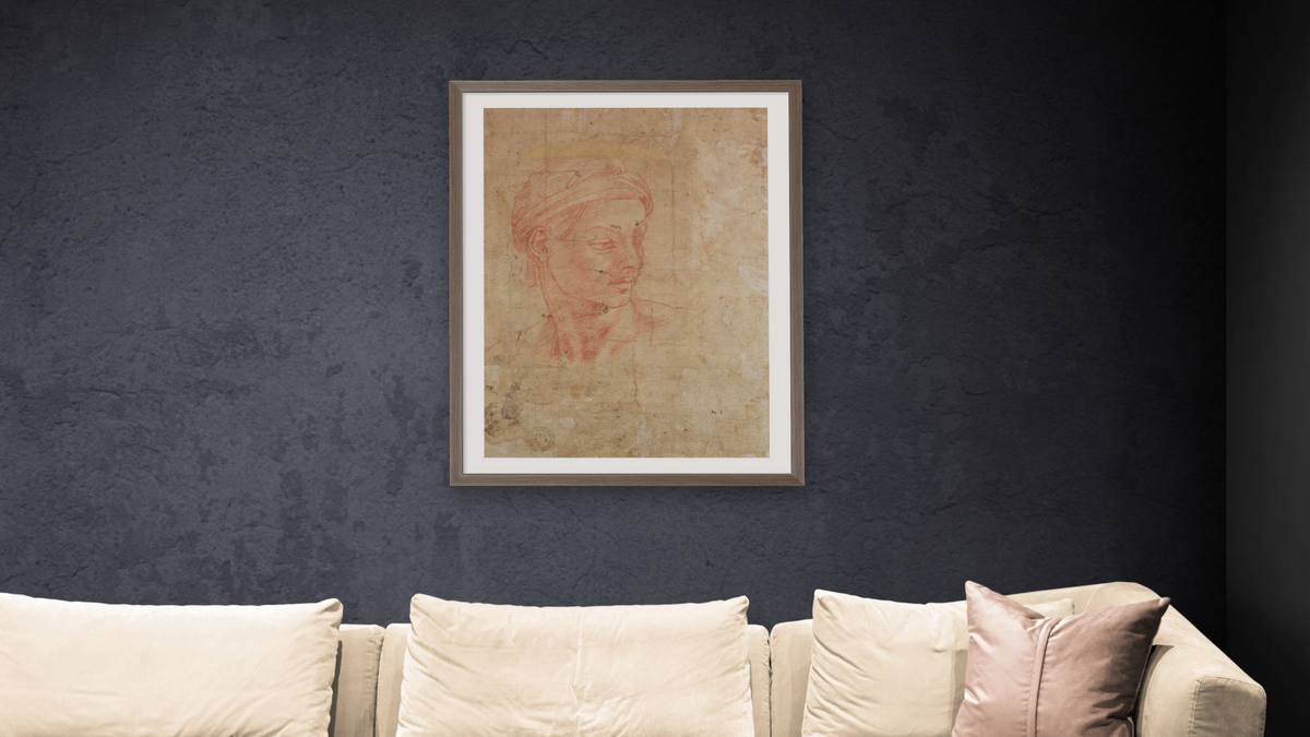Study of a Head (red chalk on paper) by Michelangelo Buonarroti, shown at 30 × 40 in (76.2 × 101.6 cm) in Arber Light Walnut, living