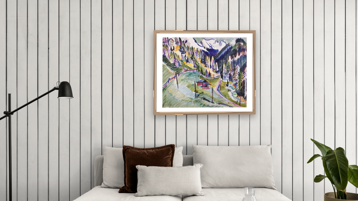 Mountain Landscape by Ernst Ludwig Kirchner, shown at 32 × 40 in (81.3 × 101.6 cm) in Arber Light Walnut, living