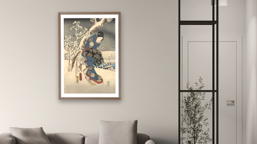 A modern version of the Tale of Genji in snow scenes, shown at 28 × 42 in (71.1 × 106.7 cm) in Arber Light Walnut, living [arteriel-render:v6:room_b:28x42@35,39]