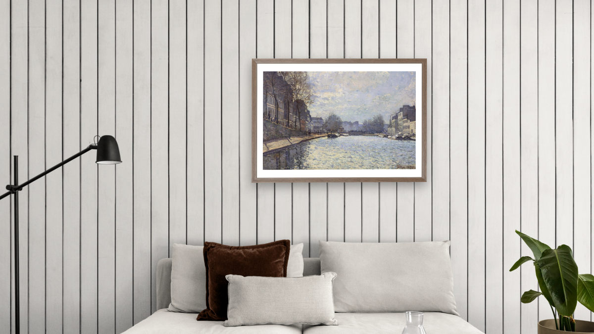 View of the Canal Saint-Martin, Paris by Alfred Sisley, shown at 28 × 42 in (71.1 × 106.7 cm) in Arber Light Walnut, living