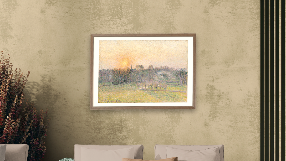 Sunset, Bazincourt by Camille Pissarro, shown at 28 × 42 in (71.1 × 106.7 cm) in Arber Light Walnut, living