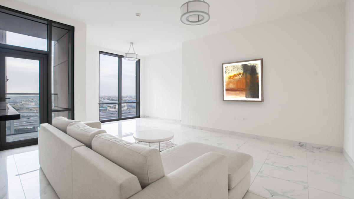 No. 1, shown at 32 × 32 in (81.3 × 81.3 cm) in Arber Light Walnut, living