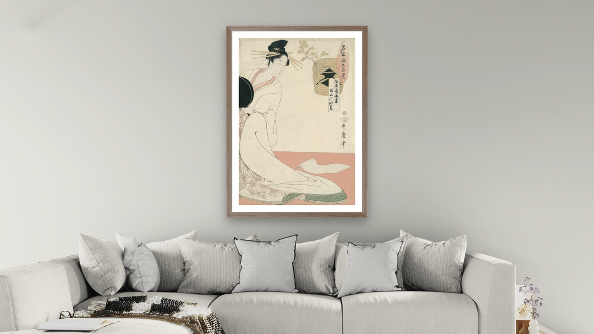 The courtesan Hanazuma of Hyogoya, illustration from the series 'Brands of sake linked with six selected courtesans', shown at 28 × 42 in (71.1 × 106.7 cm) in Arber Light Walnut, living