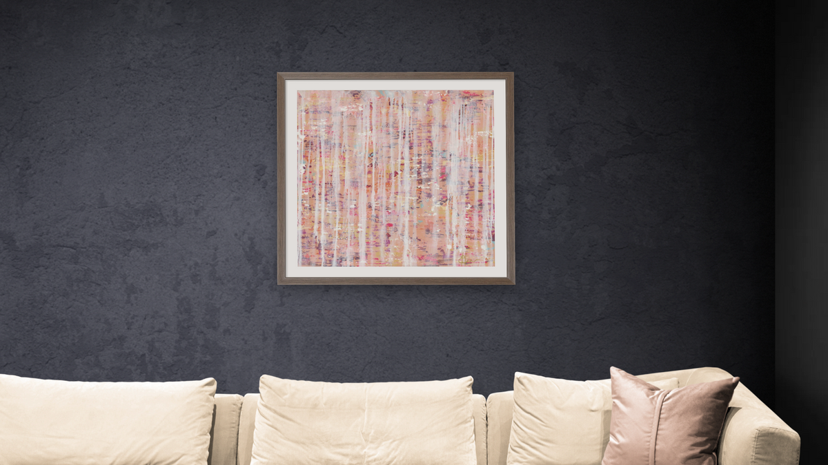 Princess Peach by Emily Herrera, shown at 32 × 32 in (81.3 × 81.3 cm) in Arber Light Walnut, living