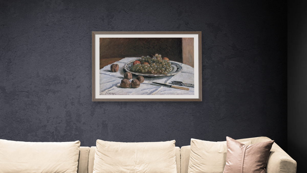 Grapes and Walnuts by Alfred Sisley, shown at 28 × 42 in (71.1 × 106.7 cm) in Arber Light Walnut, living