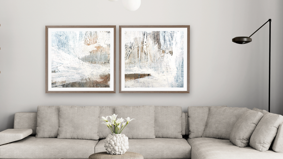Diptych — Rustic 1 SQ × Rustic 2 SQ, shown at 32 × 32 in (81.3 × 81.3 cm) in Arber Light Walnut, living