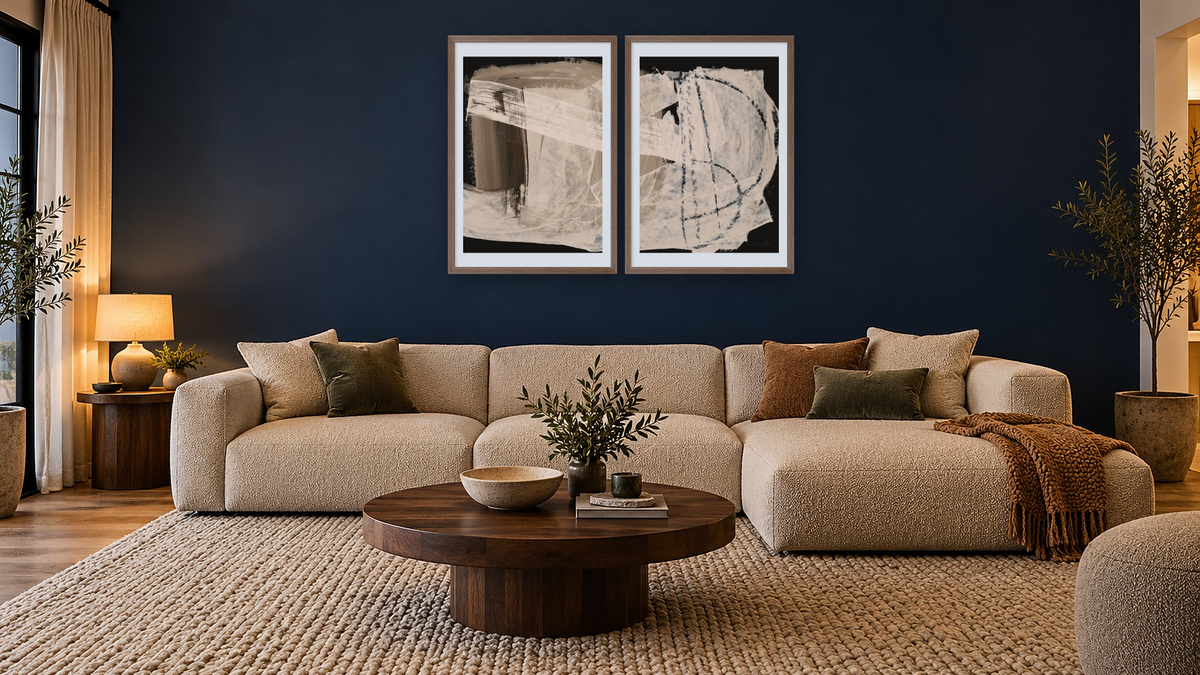 Diptych — After1 × After 2, shown at 28 × 42 in (71.1 × 106.7 cm) in Arber Light Walnut, media room