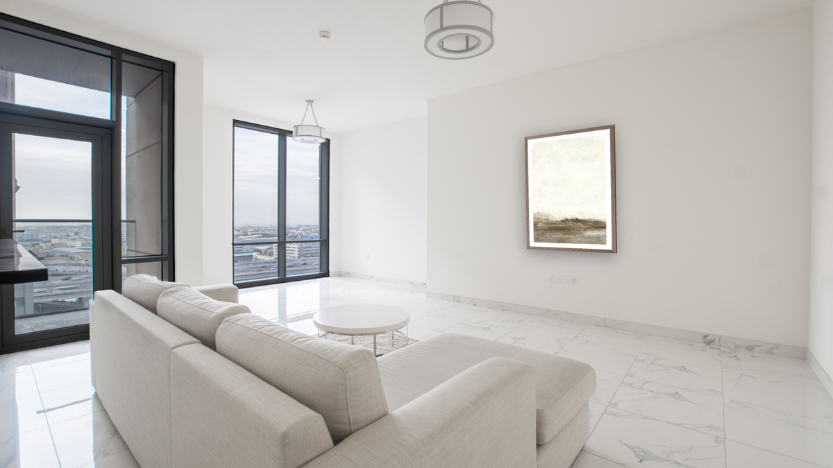 Away From Hear 1 by Dan Hobday, shown at 30 × 42 in (76.2 × 106.7 cm) in Arber Light Walnut, living