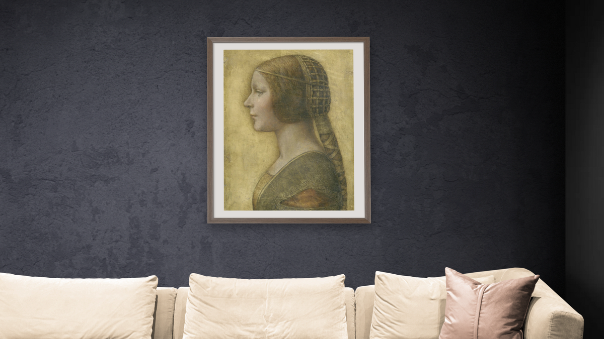 La Bella Principessa by Leonardo da Vinci, shown at 30 × 40 in (76.2 × 101.6 cm) in Arber Light Walnut, living