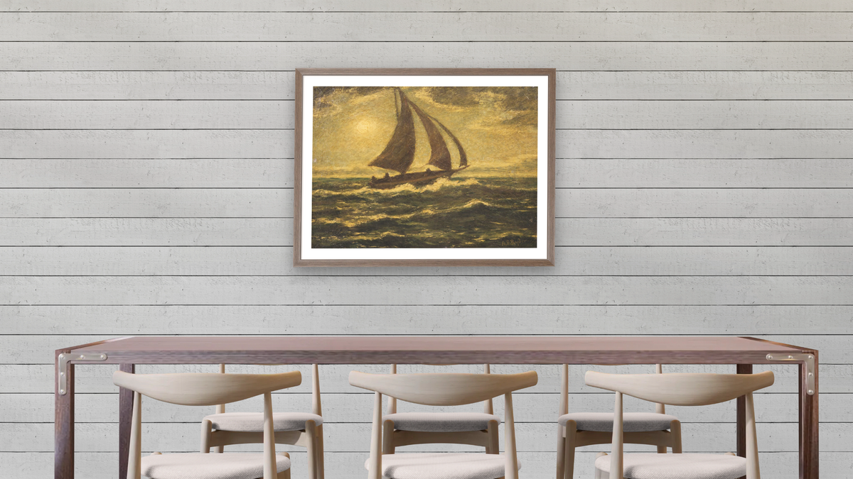 Moonlight Sail by Albert Pinkham Ryder, shown at 30 × 40 in (76.2 × 101.6 cm) in Arber Light Walnut, dining