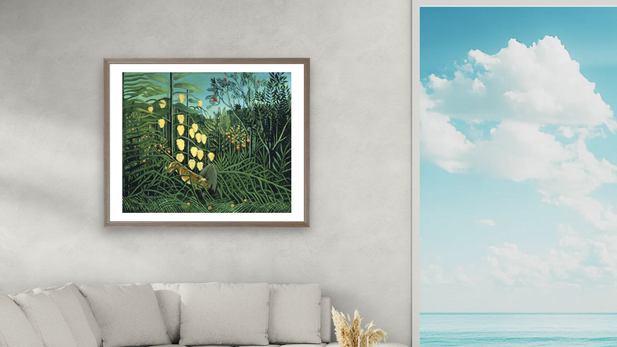 Tropical Forest: Battling Tiger and Buffalo by Henri Rousseau, shown at 32 × 40 in (81.3 × 101.6 cm) in Arber Light Walnut, living