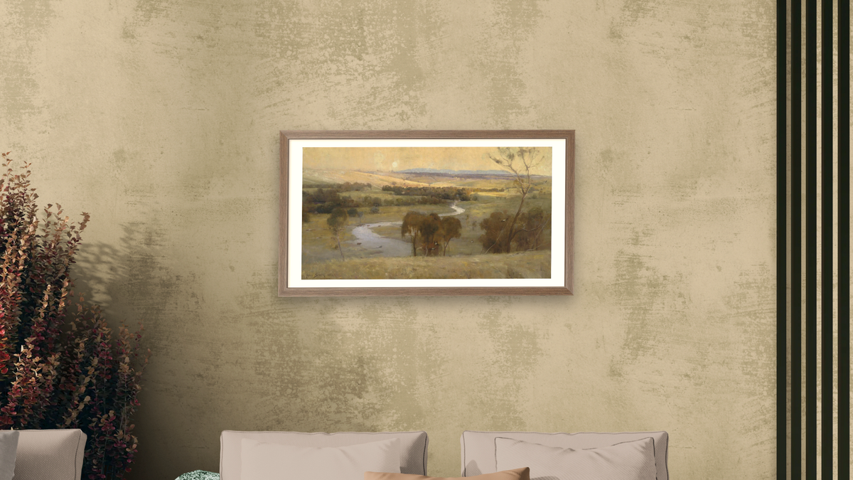 'Still glides the stream, and shall for ever glide' by Arthur Streeton, shown at 20 × 40 in (50.8 × 101.6 cm) in Arber Light Walnut, living