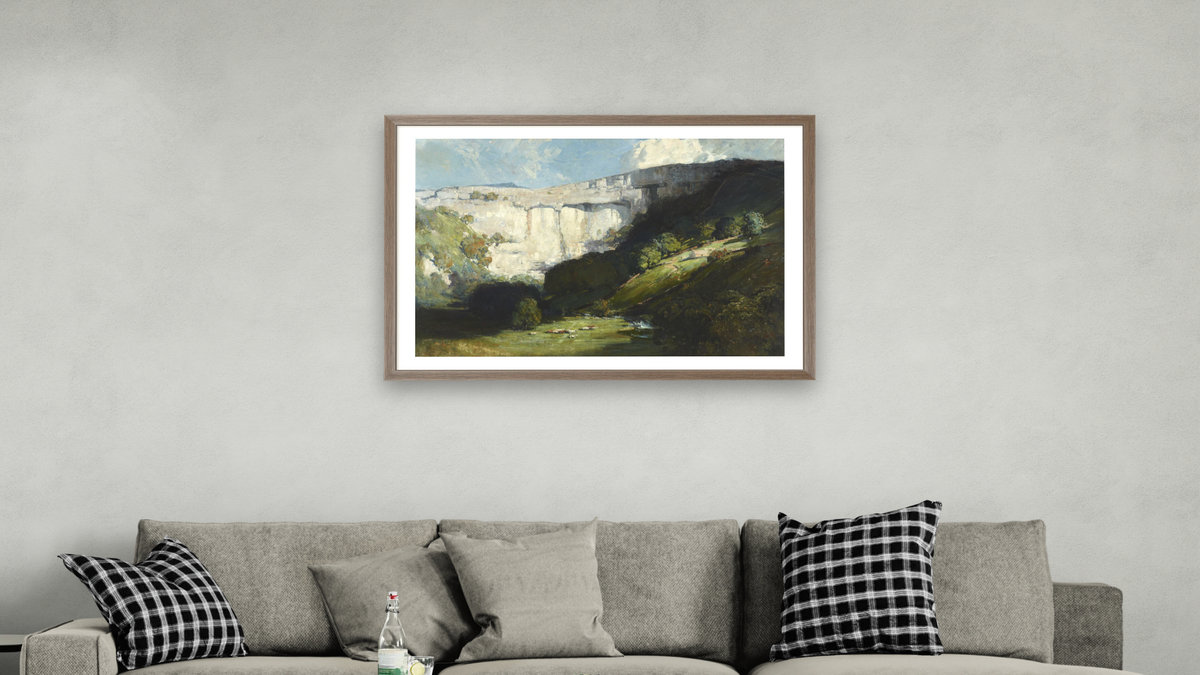 Malham Cove by Arthur Streeton, shown at 28 × 42 in (71.1 × 106.7 cm) in Arber Light Walnut, living