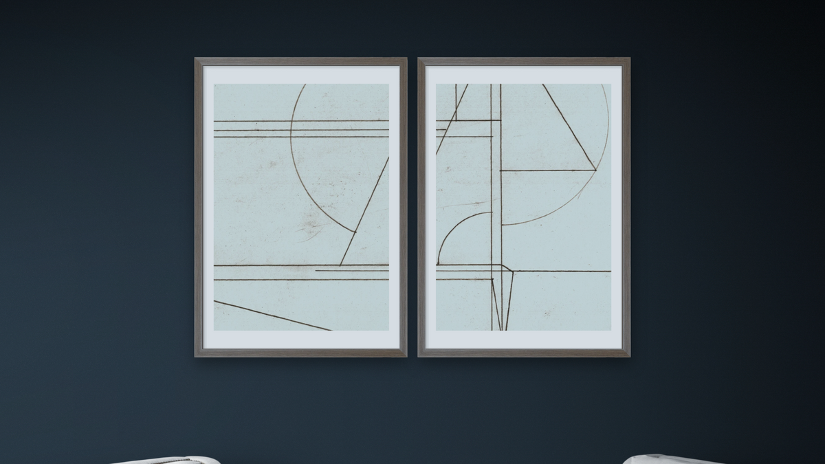 Diptych — Min Mod 1 × Min Mod 2, shown at 28 × 42 in (71.1 × 106.7 cm) in Arber Light Walnut, office