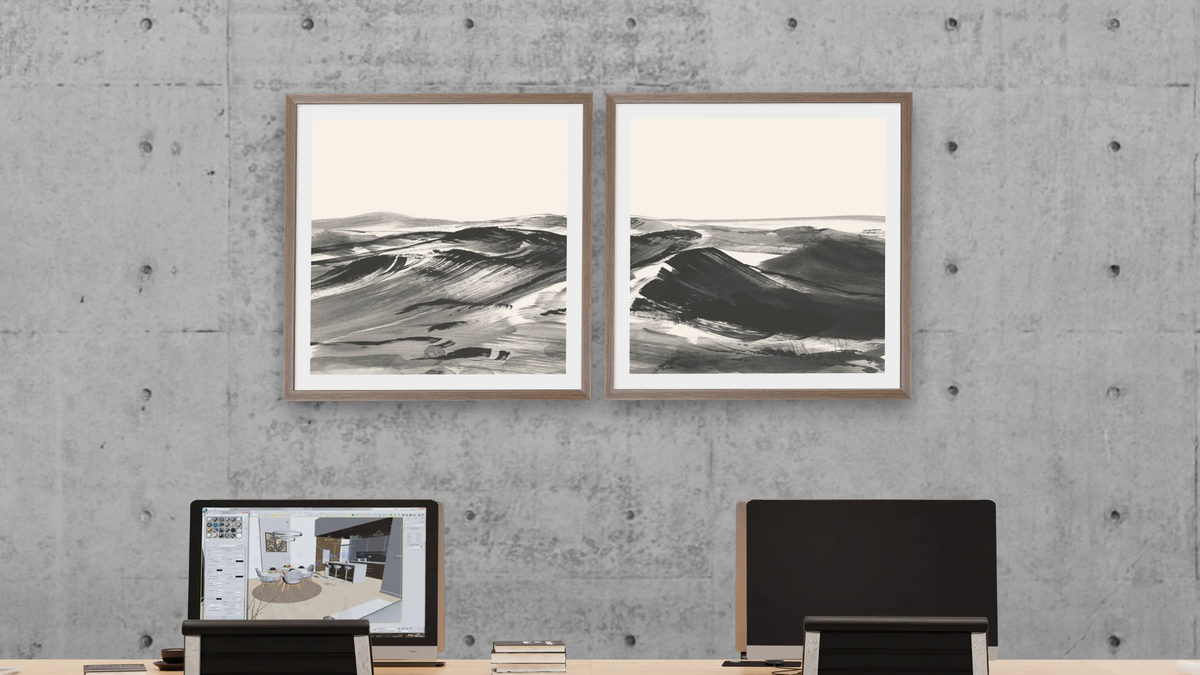 Diptych — Dustland 1 × Dustland 2, shown at 32 × 32 in (81.3 × 81.3 cm) in Arber Light Walnut, office