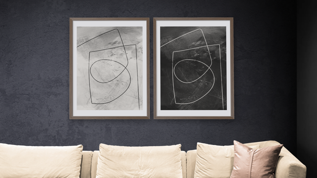 Diptych — Minimal Line 2 × Minimal Line 1, shown at 28 × 42 in (71.1 × 106.7 cm) in Arber Light Walnut, living