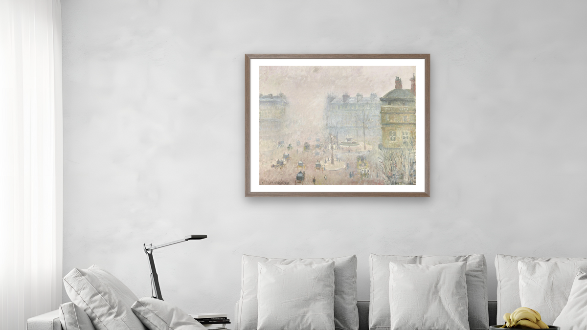 Place du Théâtre Français: Fog Effect by Camille Pissarro, shown at 32 × 40 in (81.3 × 101.6 cm) in Arber Light Walnut, living