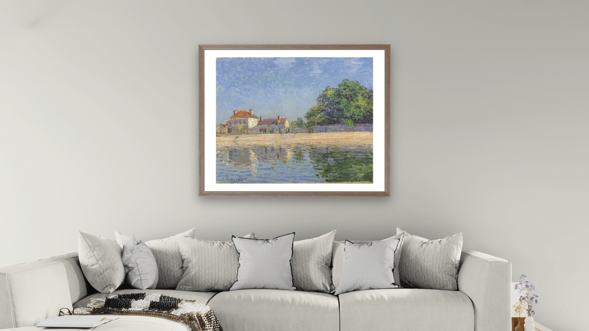 Bords Du Loing, Saint-Mammes by Alfred Sisley, shown at 32 × 40 in (81.3 × 101.6 cm) in Arber Light Walnut, living