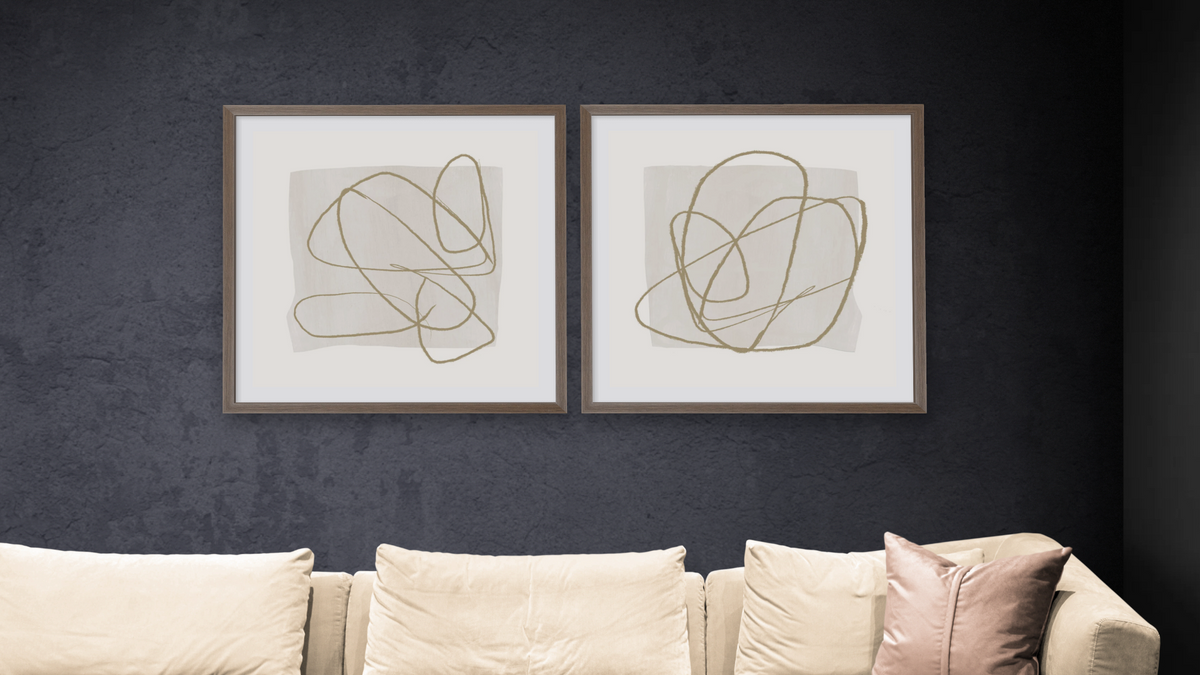 Diptych — Touch 1 × Touch 2, shown at 32 × 32 in (81.3 × 81.3 cm) in Arber Light Walnut, living