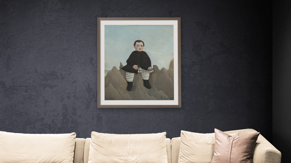 Boy on the Rocks by Henri Rousseau, shown at 32 × 40 in (81.3 × 101.6 cm) in Arber Light Walnut, living