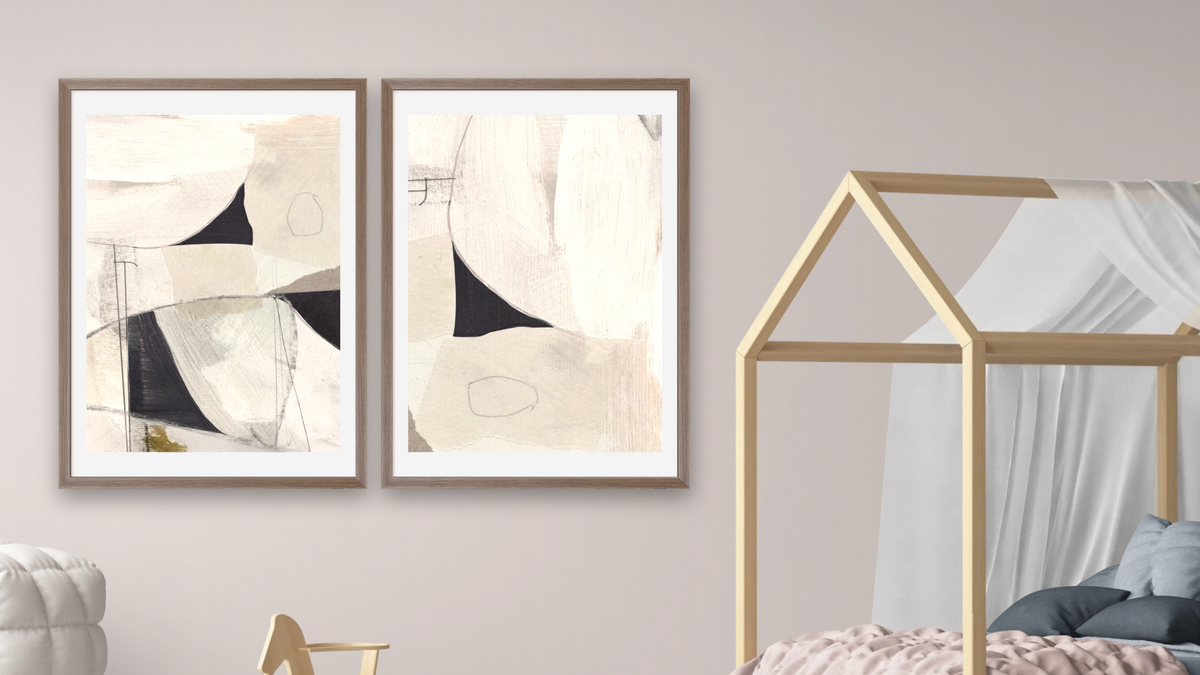 Diptych — High 1 × High 2, shown at 28 × 42 in (71.1 × 106.7 cm) in Arber Light Walnut, bedroom