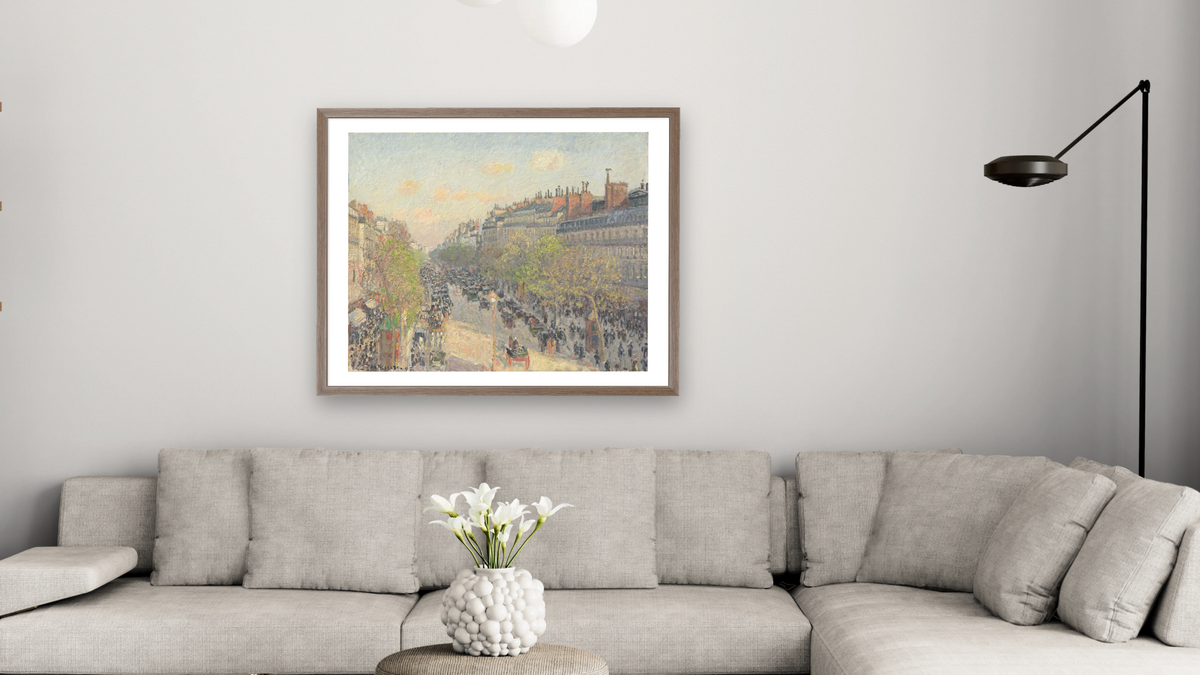 Boulevard Montmartre, Twilight by Camille Pissarro, shown at 32 × 40 in (81.3 × 101.6 cm) in Arber Light Walnut, living