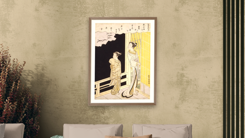 A Courtesan and Her Kamuro by Suzuki Harunobu, shown at 30 × 40 in (76.2 × 101.6 cm) in Arber Light Walnut, living [arteriel-render:v6:room_b:30x40@50,44]