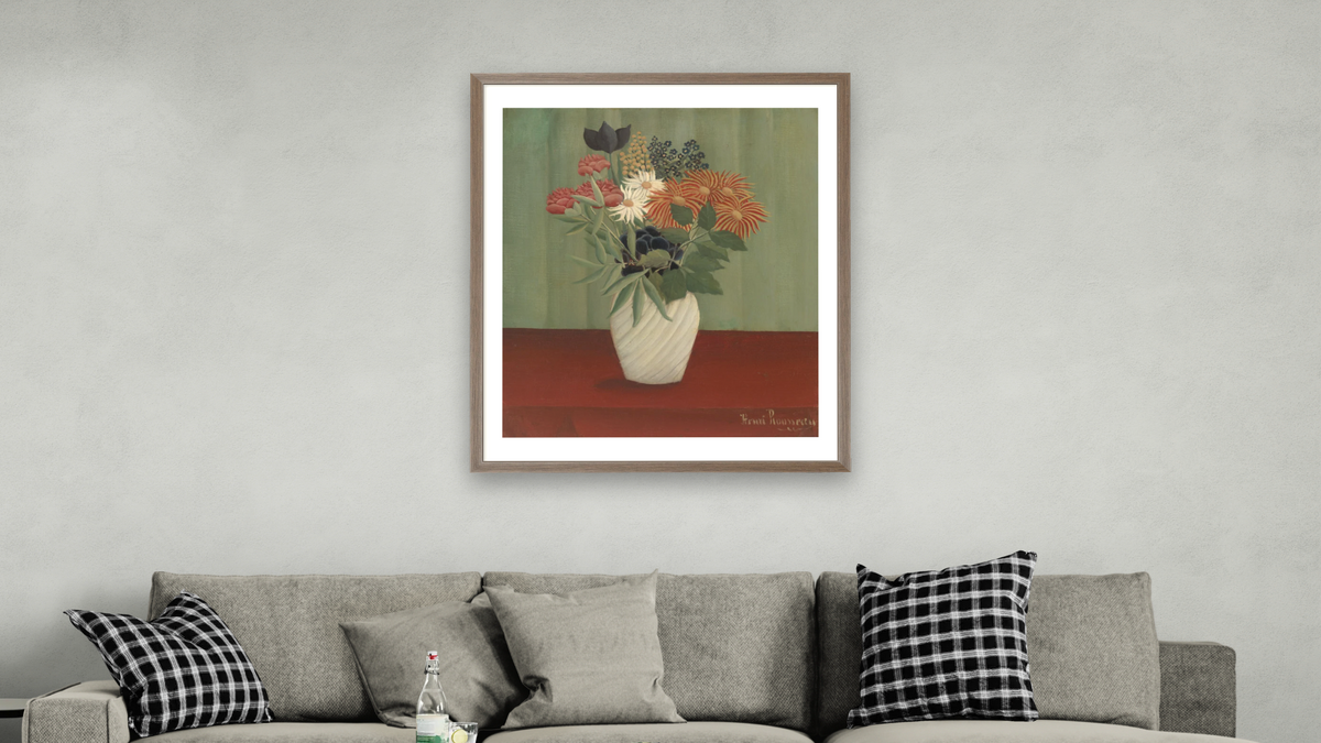 Bouquet of Flowers with China Asters and Tokyos (Bouquet de fleurs aux reines-marguerites et aux tokyos) by Henri Rousseau, shown at 32 × 40 in (81.3 × 101.6 cm) in Arber Light Walnut, living
