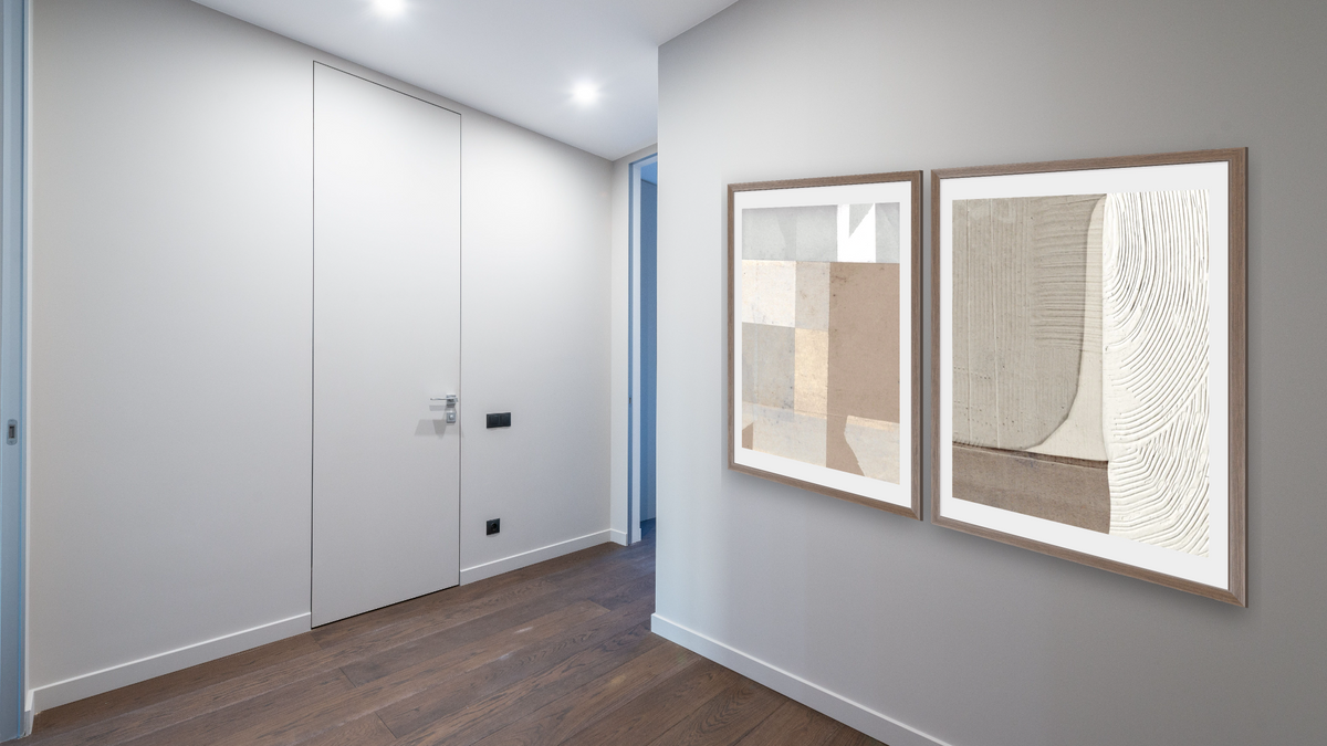 Diptych — Abstracted 1 × Abstracted 2, shown at 28 × 42 in (71.1 × 106.7 cm) in Arber Light Walnut, hallway