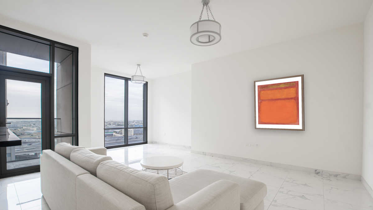 Orange, Red, Yellow by Mark Rothko, shown at 32 × 40 in (81.3 × 101.6 cm) in Arber Light Walnut, living