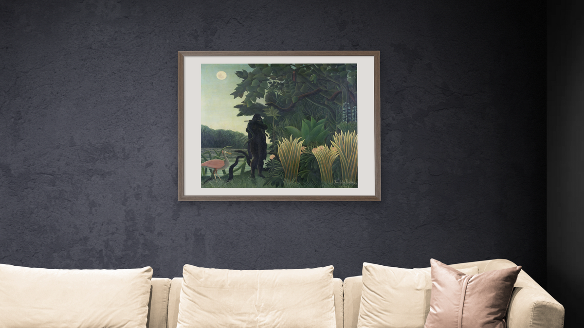 The Snake Charmer, 1907 (La Charmeuse de serpents) by Henri Rousseau, shown at 32 × 40 in (81.3 × 101.6 cm) in Arber Light Walnut, living