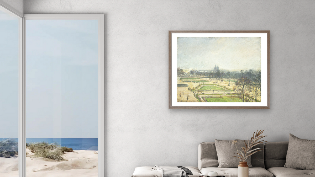 The Tuileries Ponds, Mist by Camille Pissarro, shown at 32 × 40 in (81.3 × 101.6 cm) in Arber Light Walnut, living