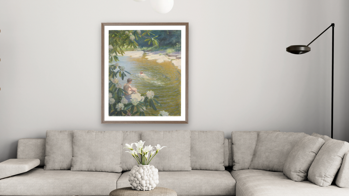 The Swimming Hole by Charles Courtney Curran, shown at 32 × 40 in (81.3 × 101.6 cm) in Arber Light Walnut, living