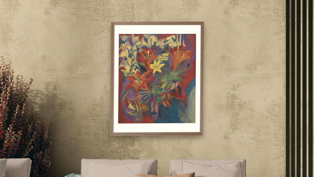Still Life with Lilies by Ernst Ludwig Kirchner, shown at 32 × 40 in (81.3 × 101.6 cm) in Arber Light Walnut, living