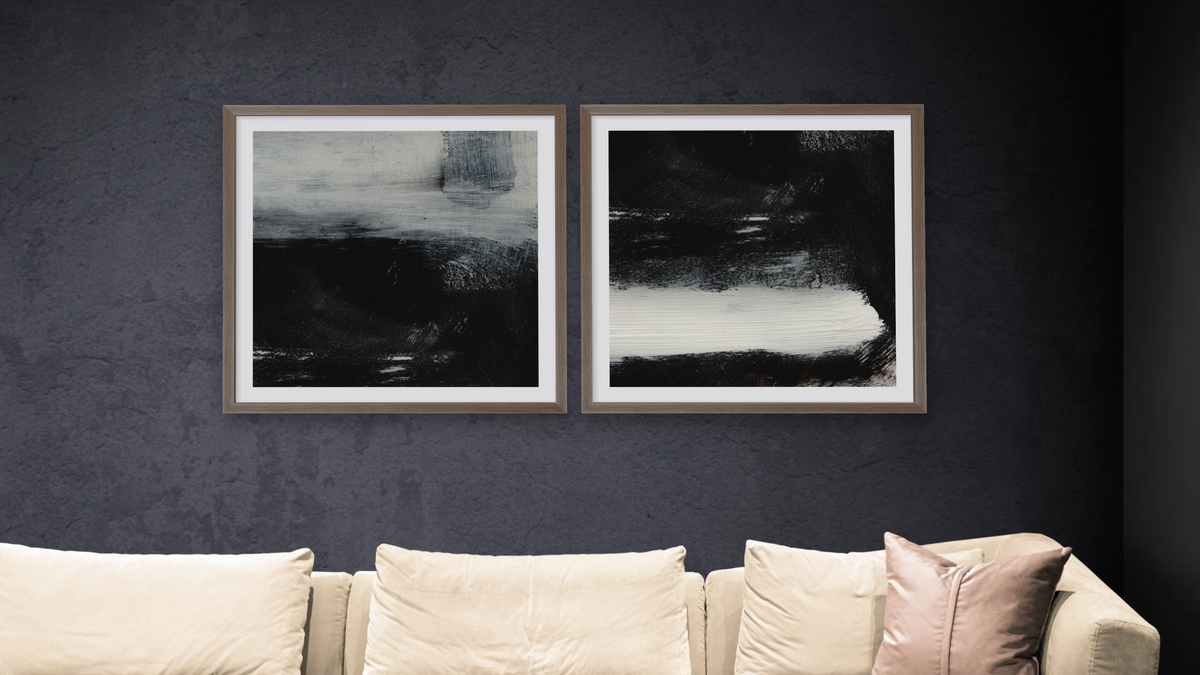 Diptych — On The Low 1 × On The Low 2, shown at 32 × 32 in (81.3 × 81.3 cm) in Arber Light Walnut, living