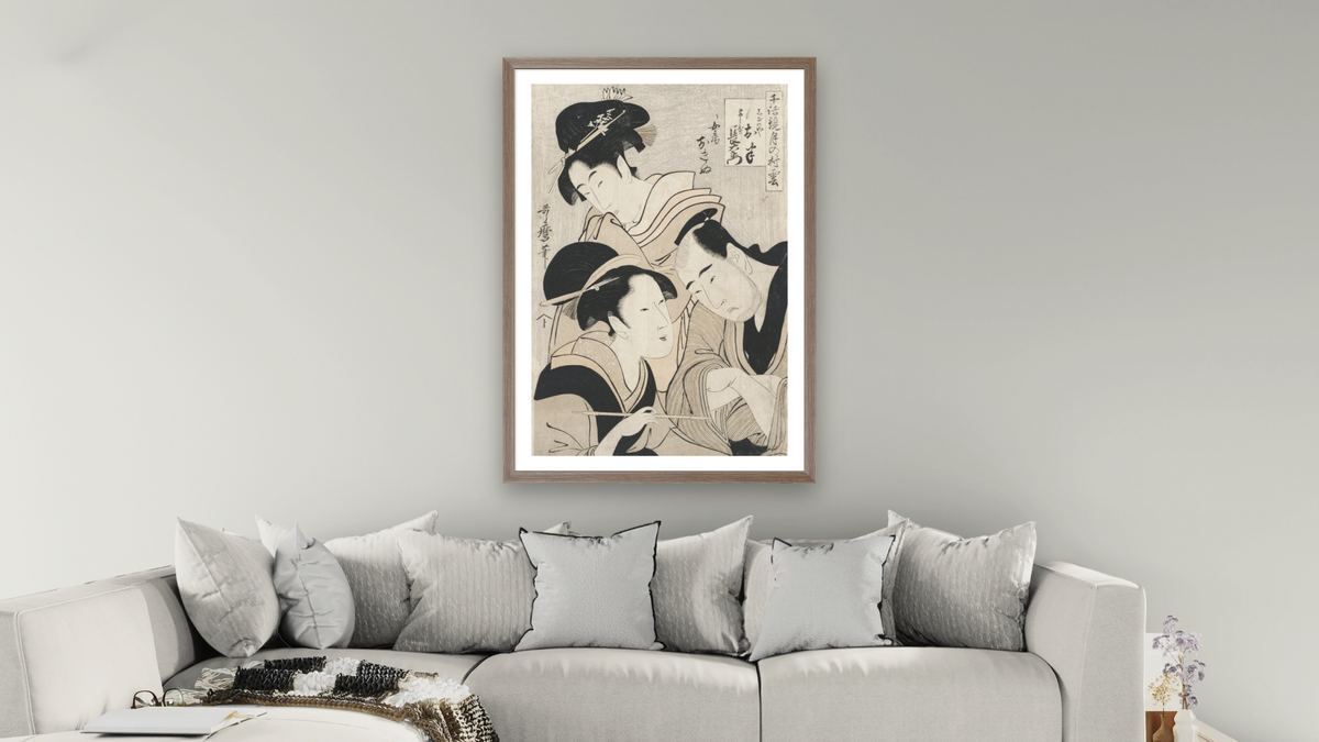 A triple portrait of Ohan of the Shinanoya, Choemon and his wife Okinu by Kitagawa Utamaro, shown at 28 × 42 in (71.1 × 106.7 cm) in Arber Light Walnut, living