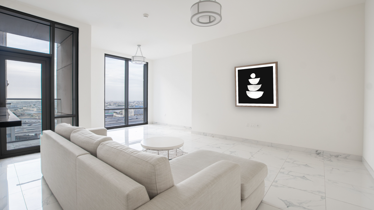 Mono Shapes 6 by Dan Hobday, shown at 32 × 32 in (81.3 × 81.3 cm) in Arber Light Walnut, living
