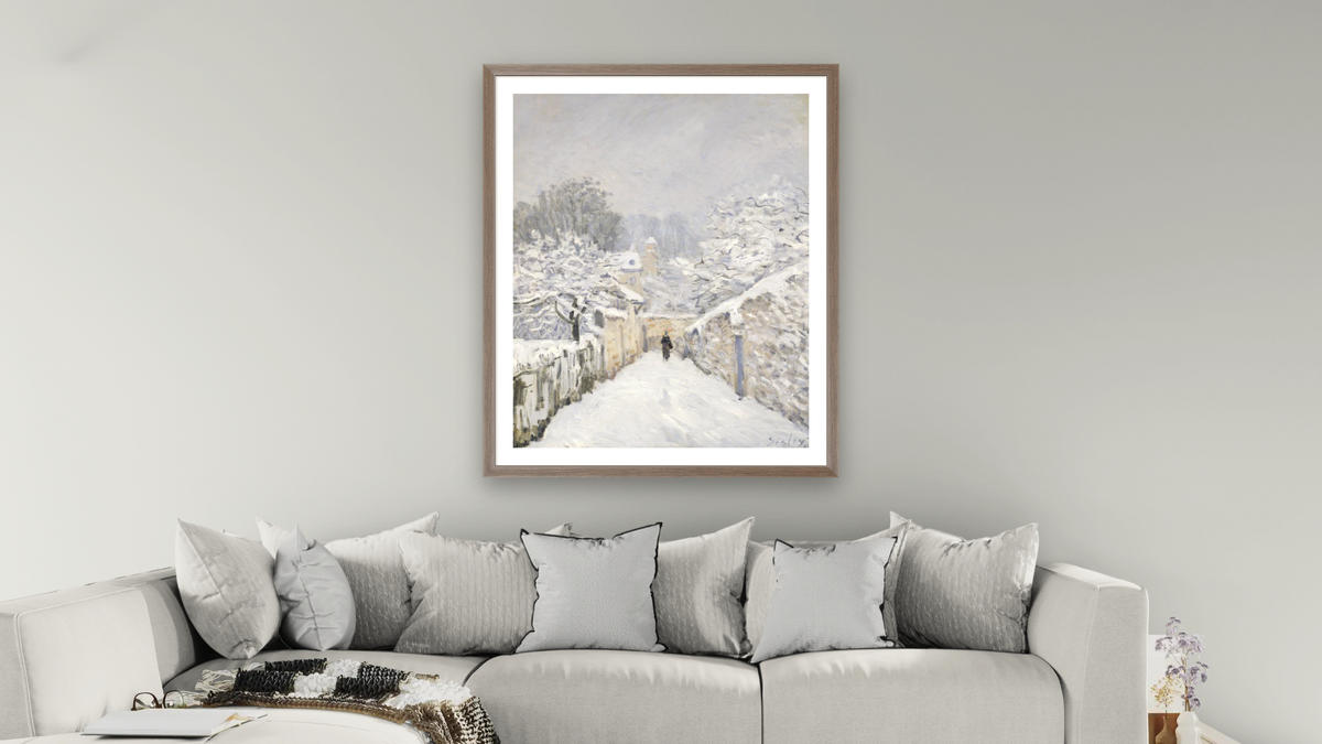 Snow at Louveciennes by Alfred Sisley, shown at 32 × 40 in (81.3 × 101.6 cm) in Arber Light Walnut, living