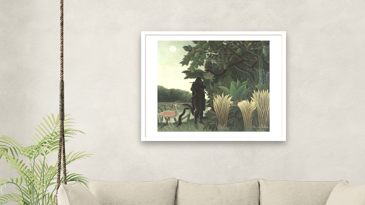 The Snake Charmer (La charmeuse de serpents) by Henri Rousseau, shown at 32 × 40 in (81.3 × 101.6 cm) in Arber Light Walnut, living