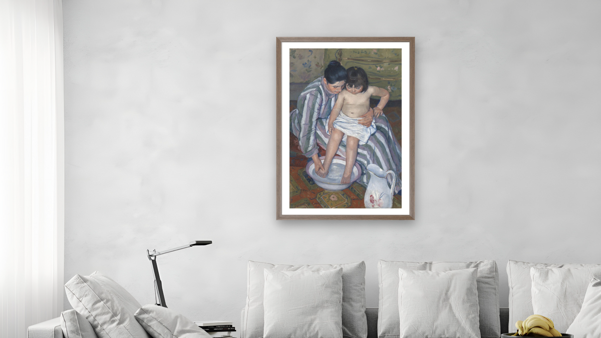 The Child's Bath by Mary Cassatt, shown at 28 × 42 in (71.1 × 106.7 cm) in Arber Light Walnut, living